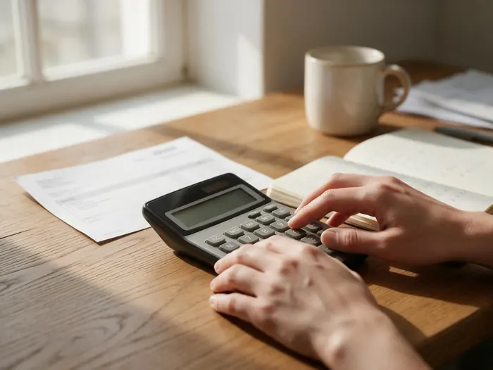 Hands working out figures on a calculator beside a payslip