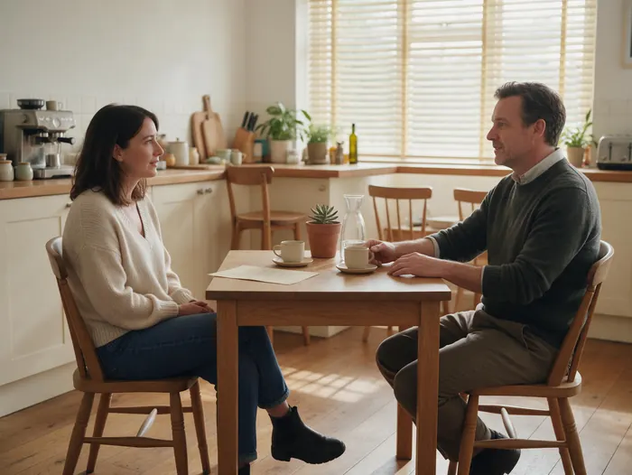 Two colleagues talking across a small kitchen table
