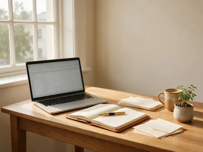 A tidy desk by a window with a laptop, a notebook and a stack of letters