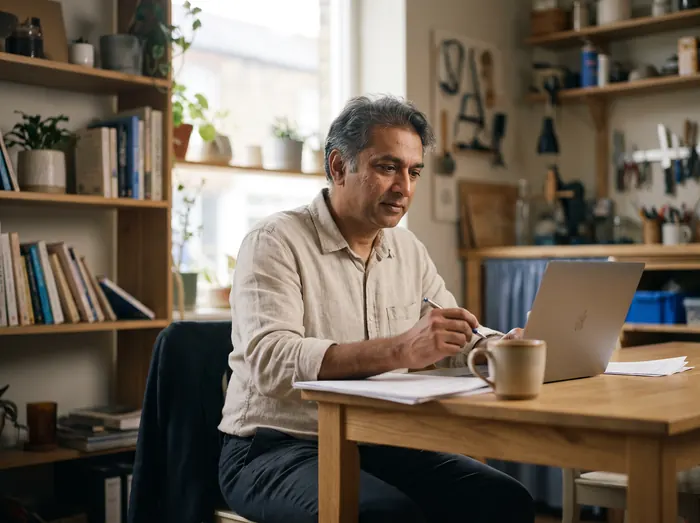 A small business owner working through paperwork at his laptop in his workshop