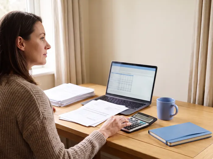 A woman at her kitchen table checking figures on a calculator, with a spreadsheet open on her laptop