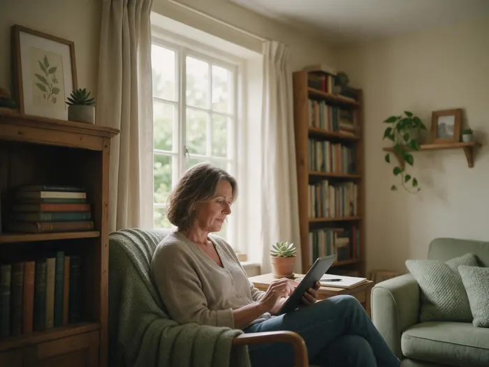 A woman reading on a tablet in an armchair by a window
