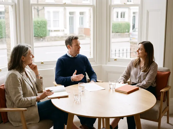 A mediator sitting with two people in a calm meeting room