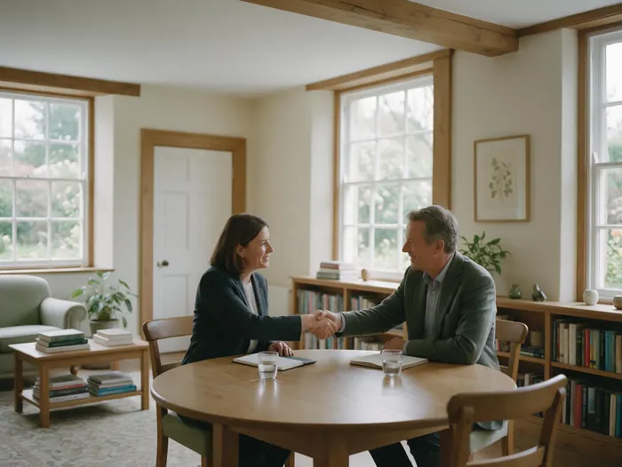 Two professionals shaking hands across a round table in a bright meeting room
