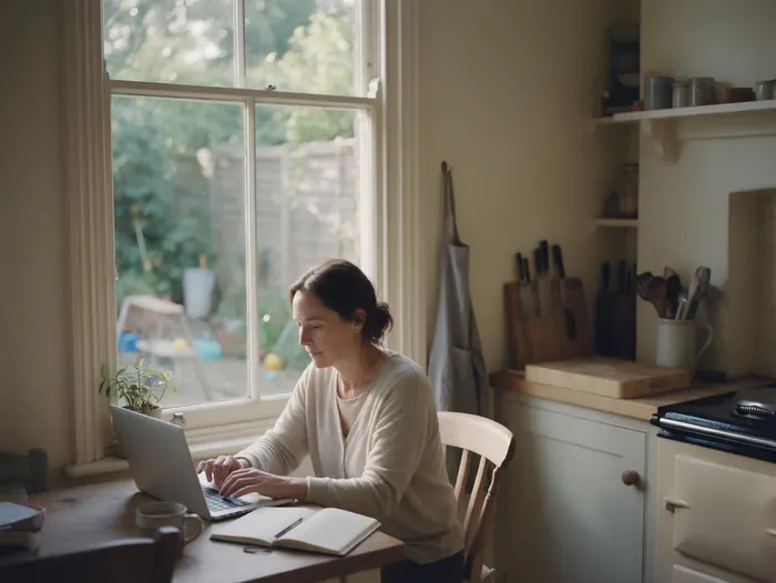 A woman at her kitchen table, writing a reply on her laptop in her own time